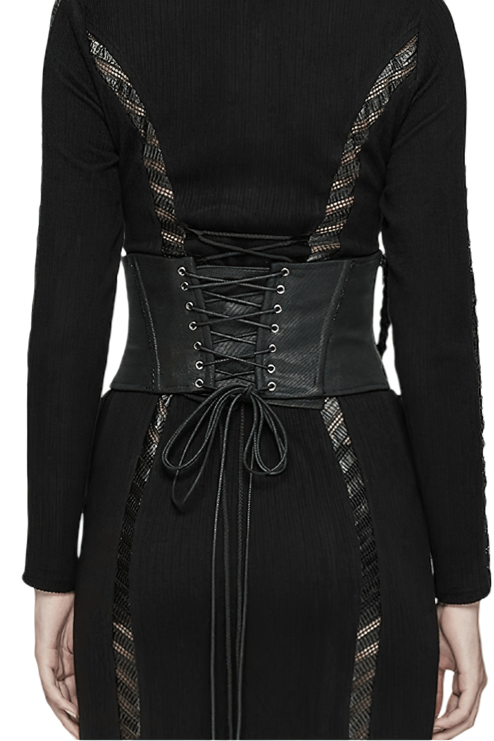 Back view of a black cyberpunk waist corset featuring lace-up design and adjustable ties for a stylish fit.