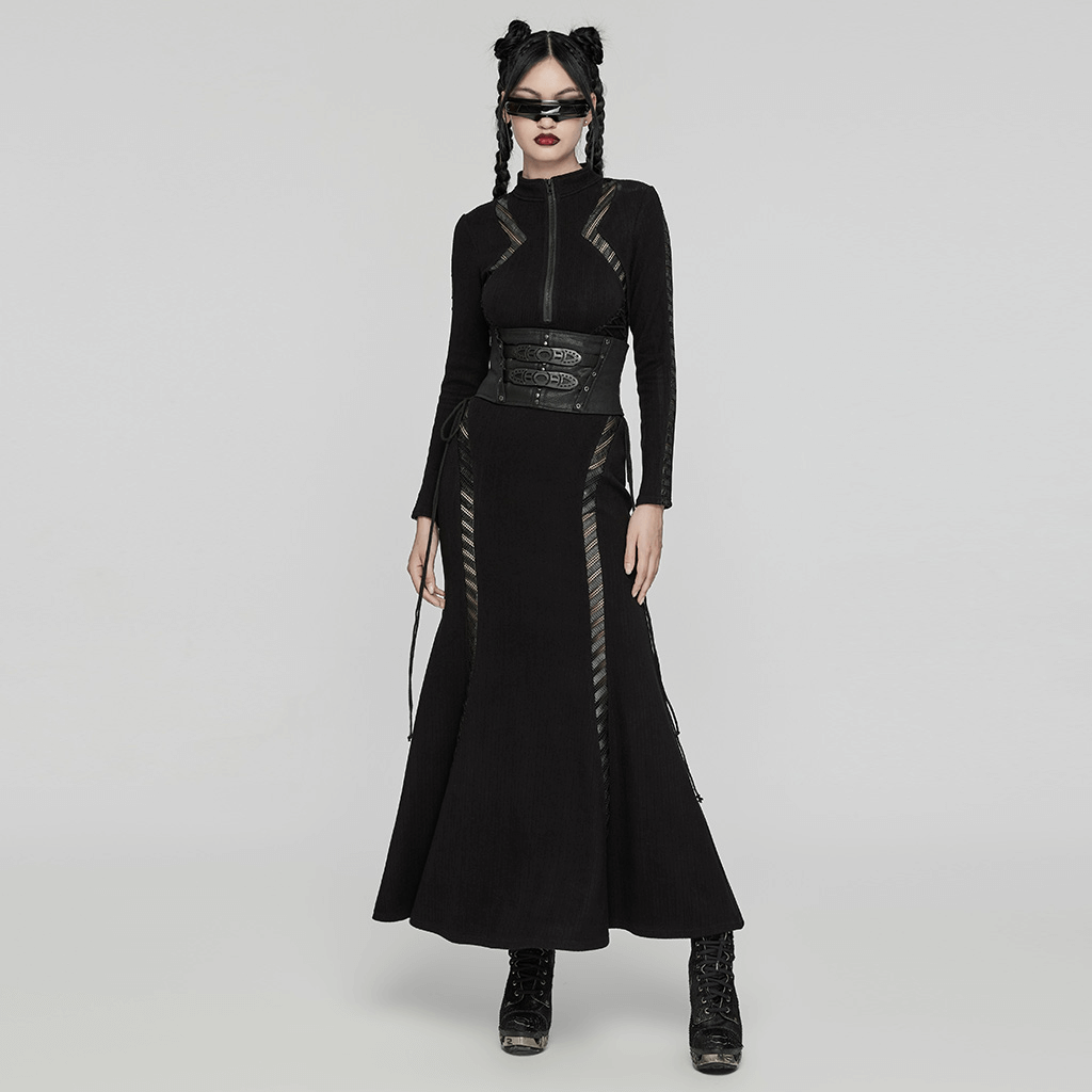 Edgy black cyberpunk waist corset with buckles paired with a sleek long dress, exuding futuristic style.