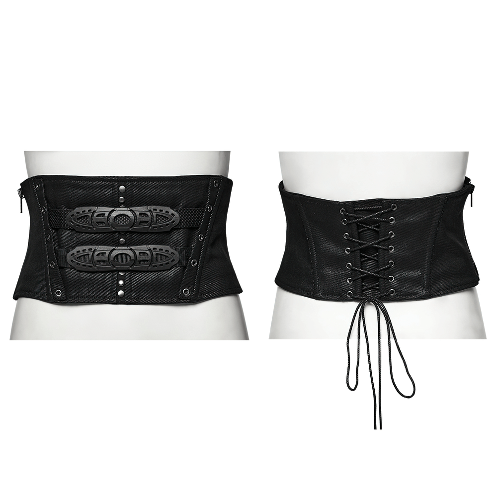 Black cyberpunk waist corset with buckle and lace-up back, featuring edgy twill fabric and metal details.