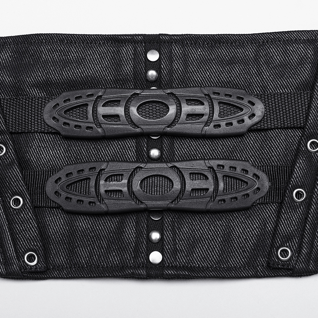 Black cyberpunk waist corset close-up with decorative buckles and adjustable straps for a futuristic edge.