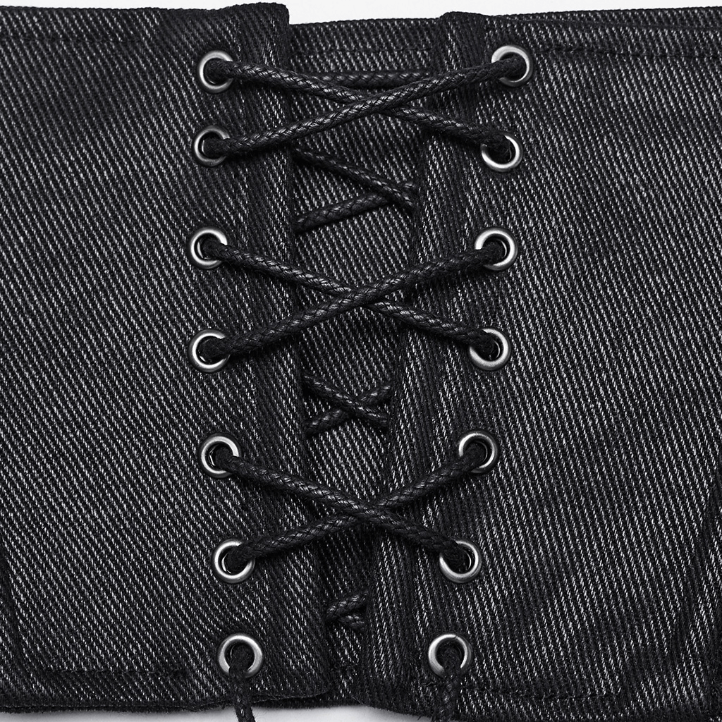 Close-up of black cyberpunk waist corset highlighting lace-up detail and metal eyelets.