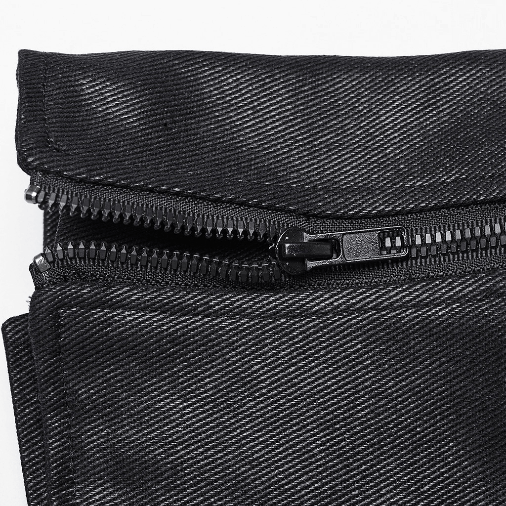 Close-up of a black twill fabric zipper, showcasing sleek design details for a cyberpunk corset.