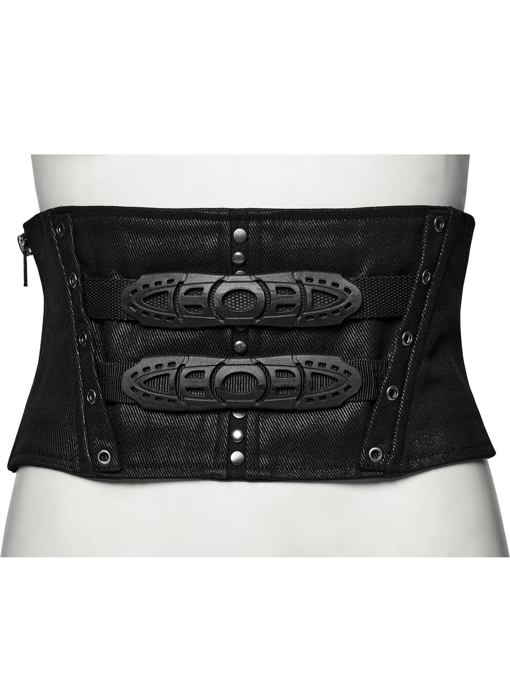 Black cyberpunk waist corset with buckle and lace back, featuring edgy design and metal eyelets.