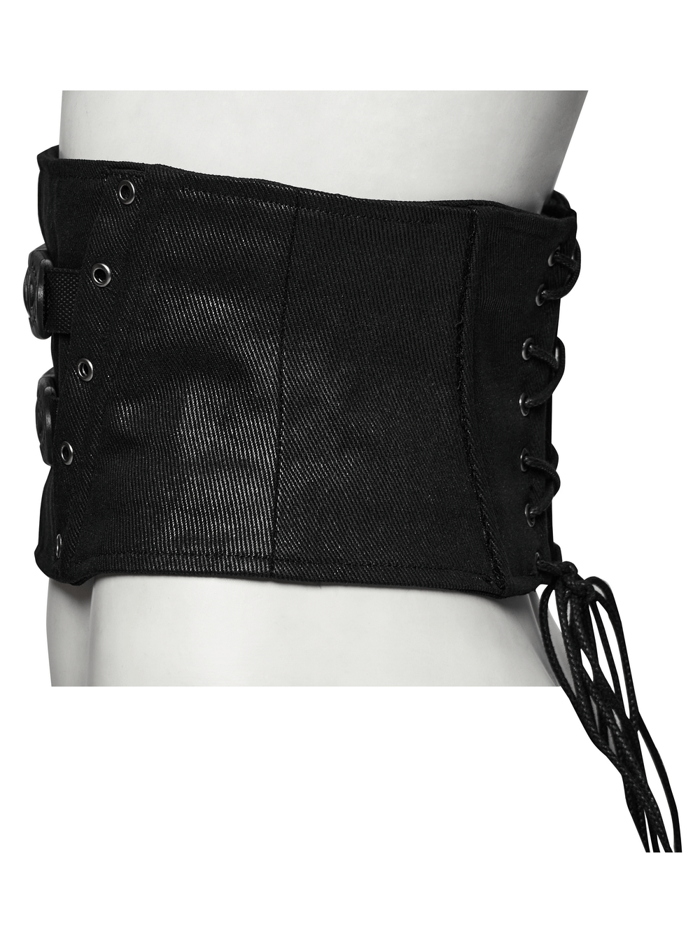 Black cyberpunk waist corset featuring buckle and adjustable lace-up back, perfect for an edgy futuristic style.