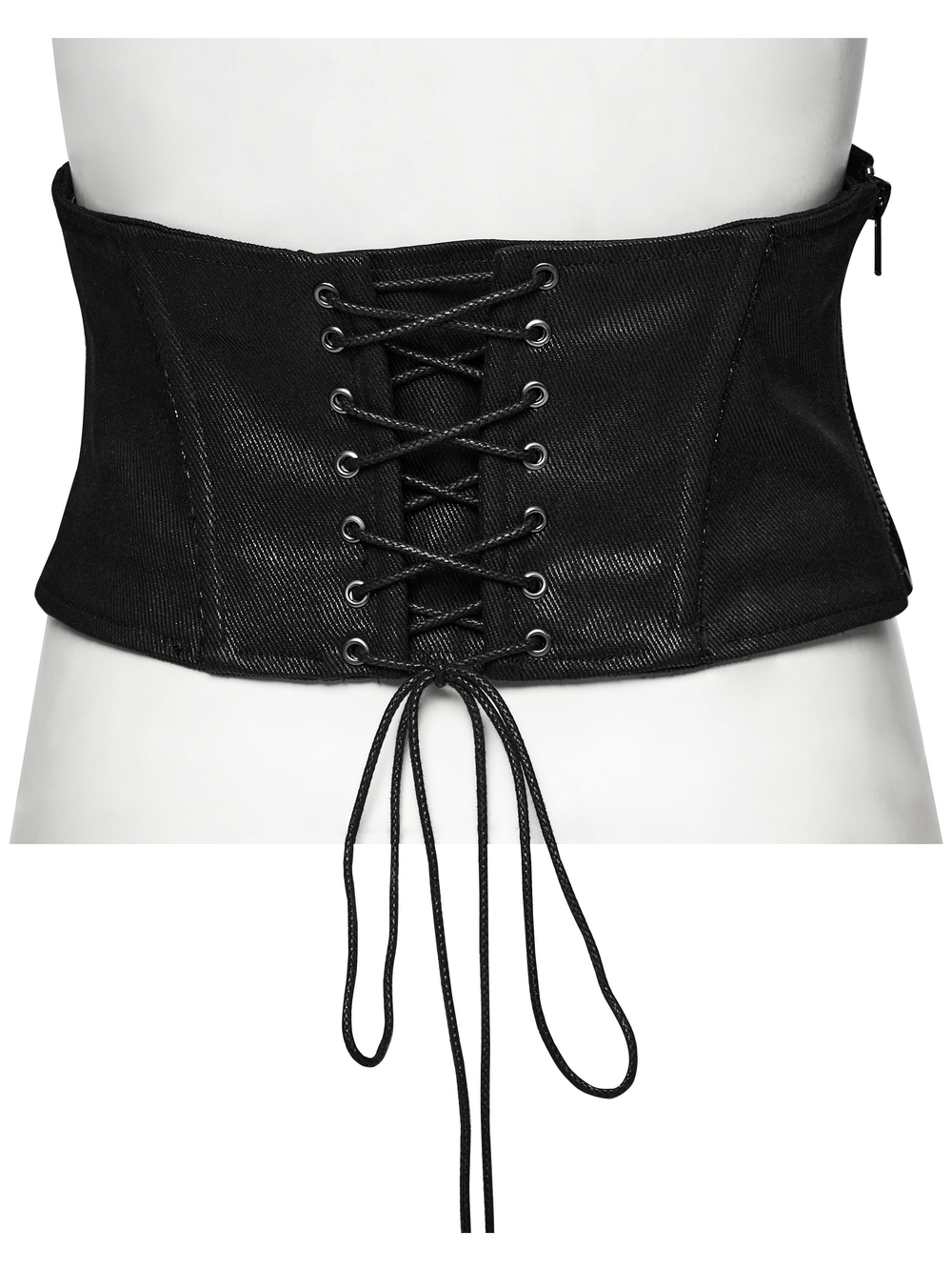 Black cyberpunk waist corset with lace-up back and side zipper, perfect for edgy futuristic fashion.