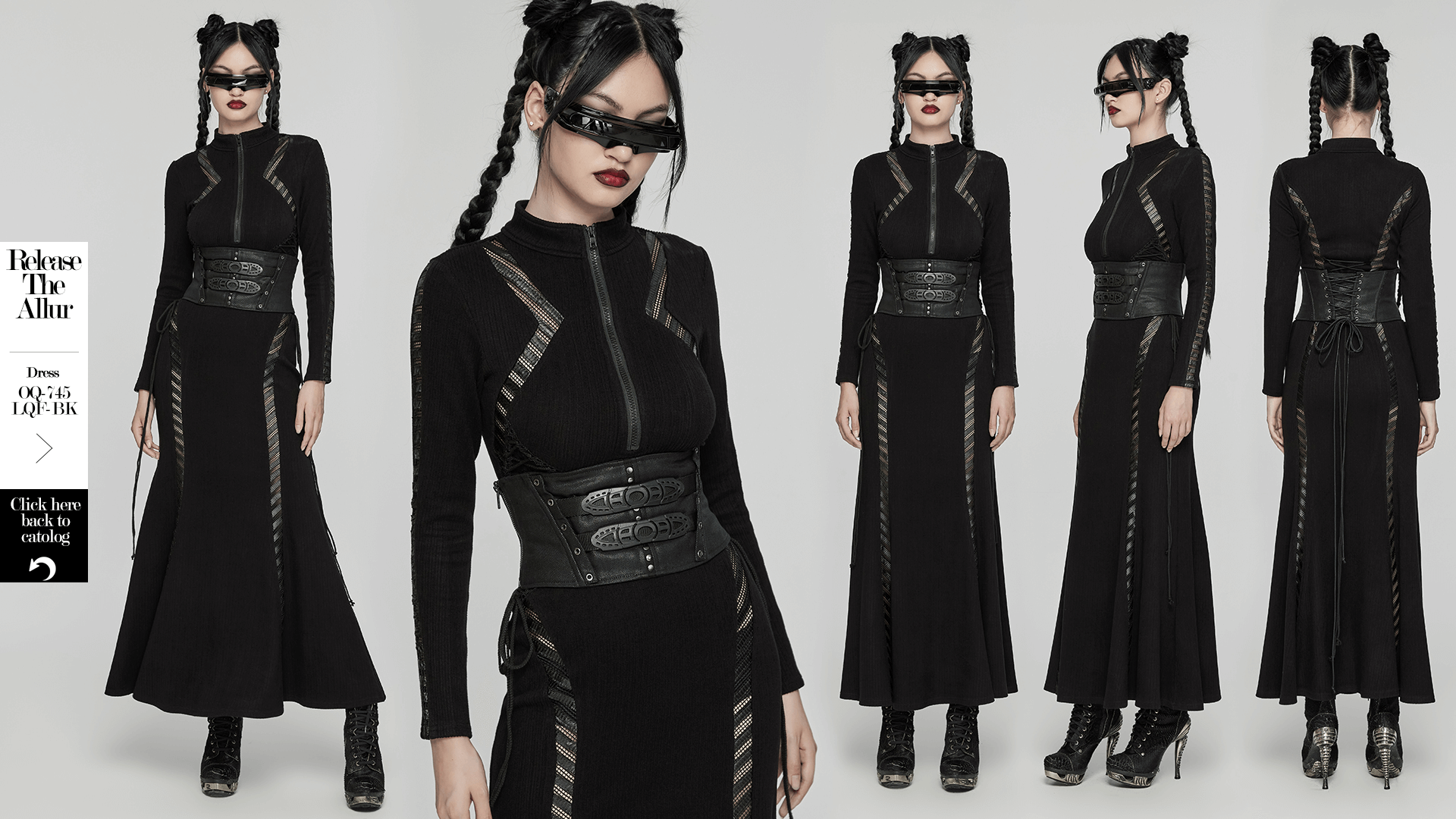 Model showcasing a Black Cyberpunk Waist Corset with Buckle, styled with a sleek black dress and sunglasses.