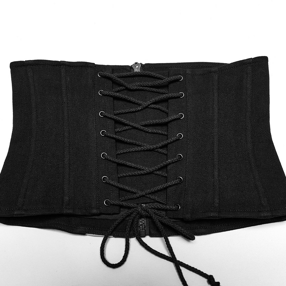 Black Cyberpunk Waist Corset with Lace-Up Design featuring armor detailing and a stylish zipper.