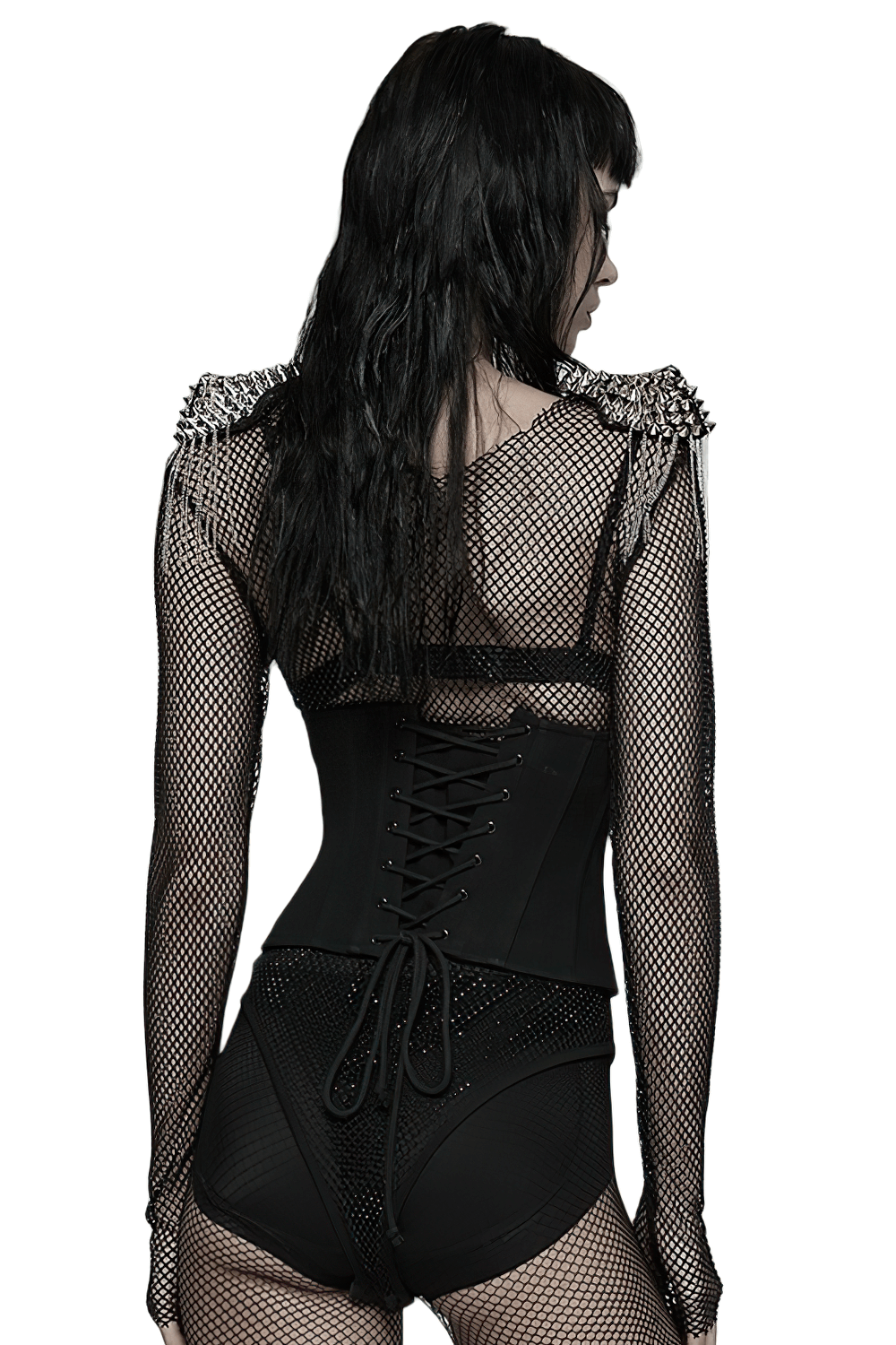 Black Cyberpunk Waist Corset with Lace-Up Design showcasing intricate armor detailing and stylish lace-up back.