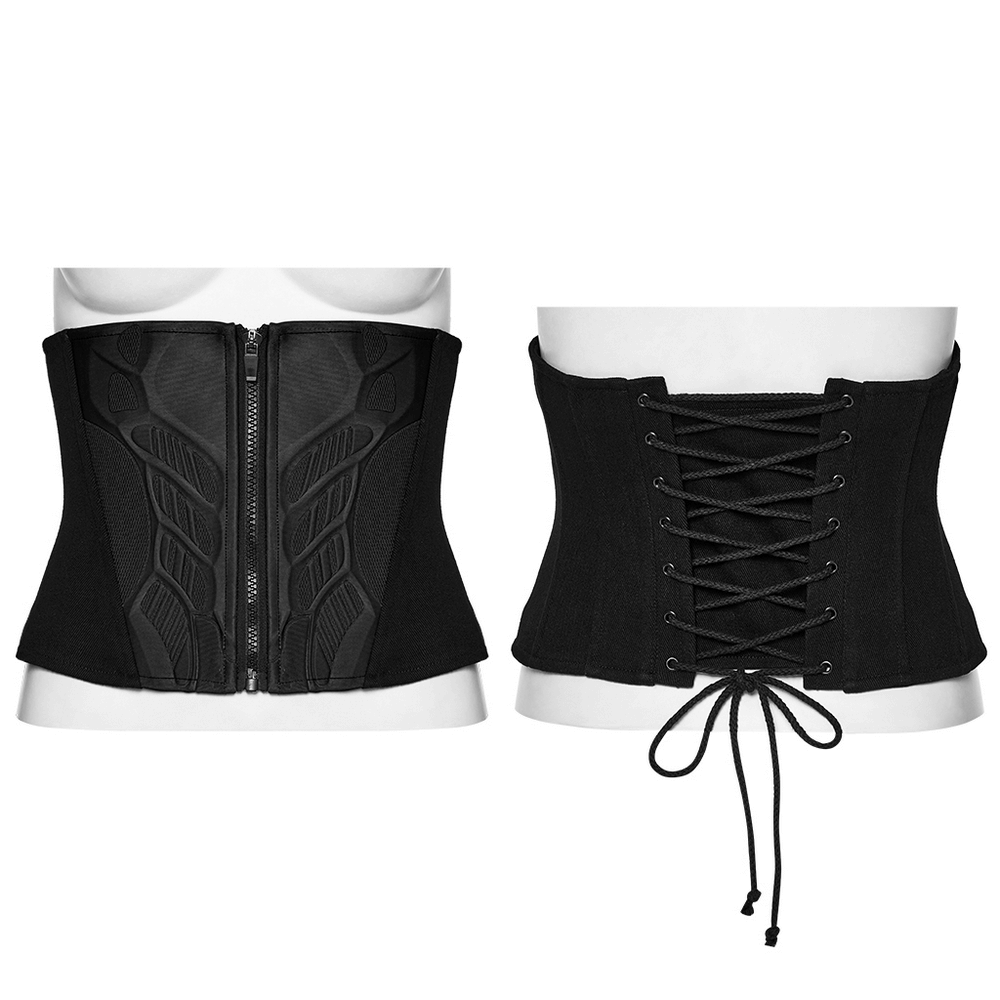 Black Cyberpunk Waist Corset with Lace-Up Design featuring armor detailing and lace-up back.