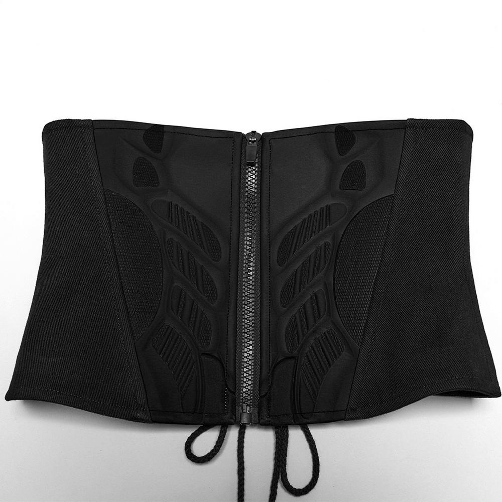 Black Cyberpunk Waist Corset with Lace-Up Design featuring armor detailing and structured silhouette.