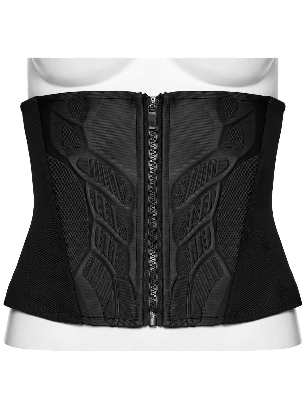 Black Cyberpunk Waist Corset with Lace-Up Design featuring armor detailing and a sleek zipper closure.