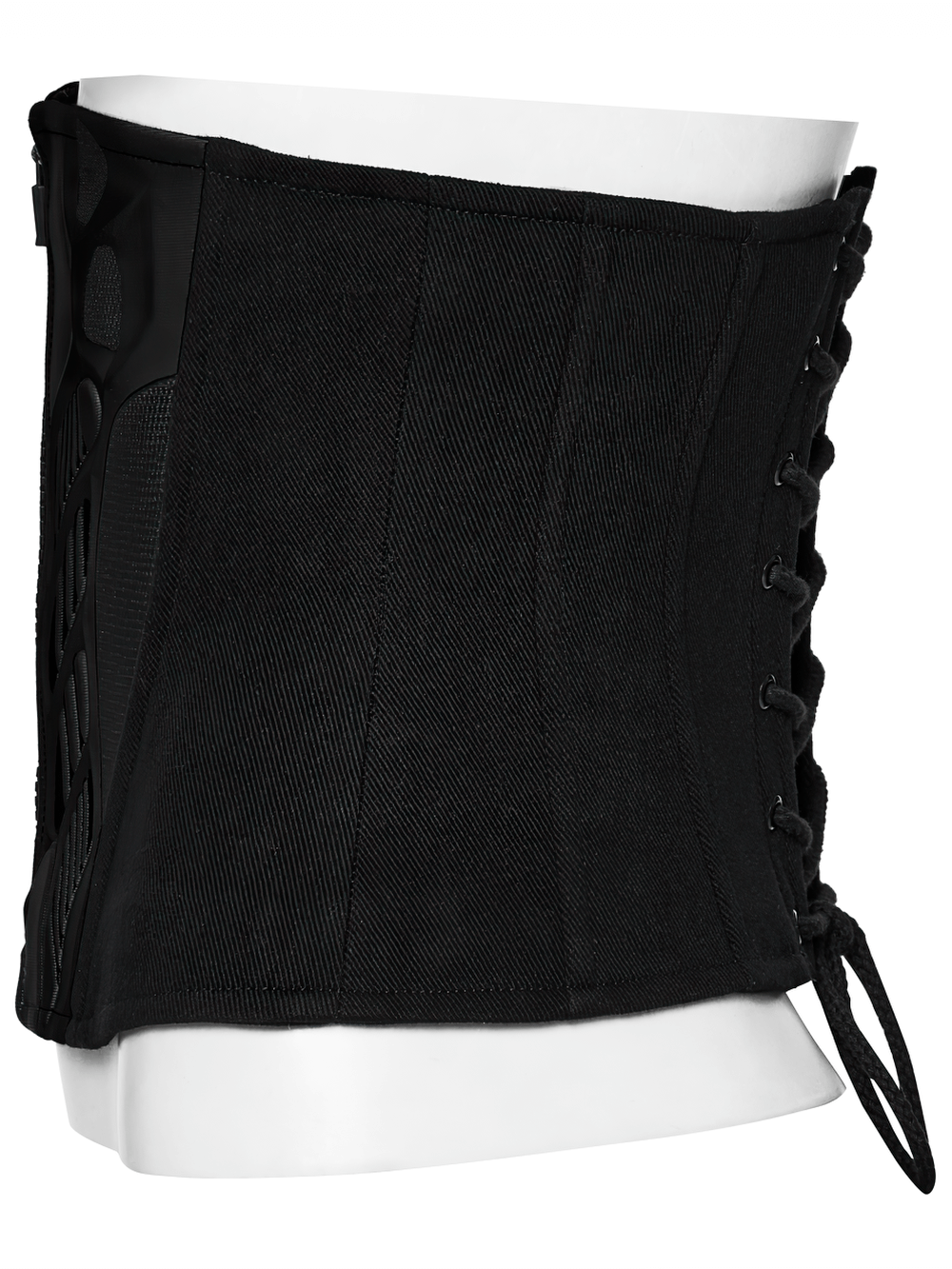 Black Cyberpunk Waist Corset with Lace-Up Design showcasing armor detailing and sleek silhouette.