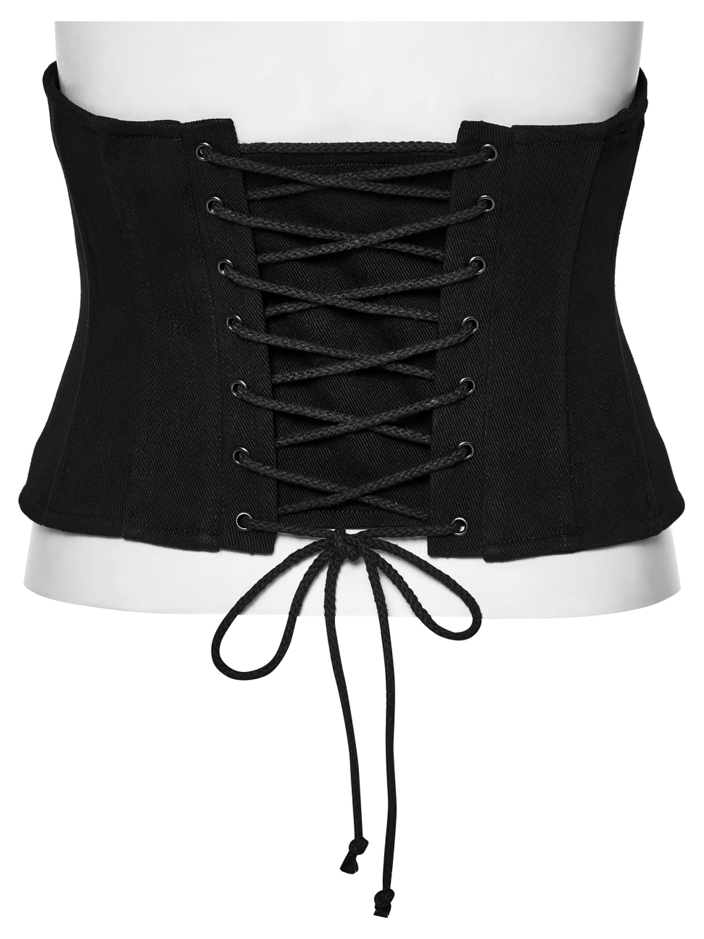 Black Cyberpunk Waist Corset with Lace-Up Design showcasing intricate lace-up details and a sleek silhouette.
