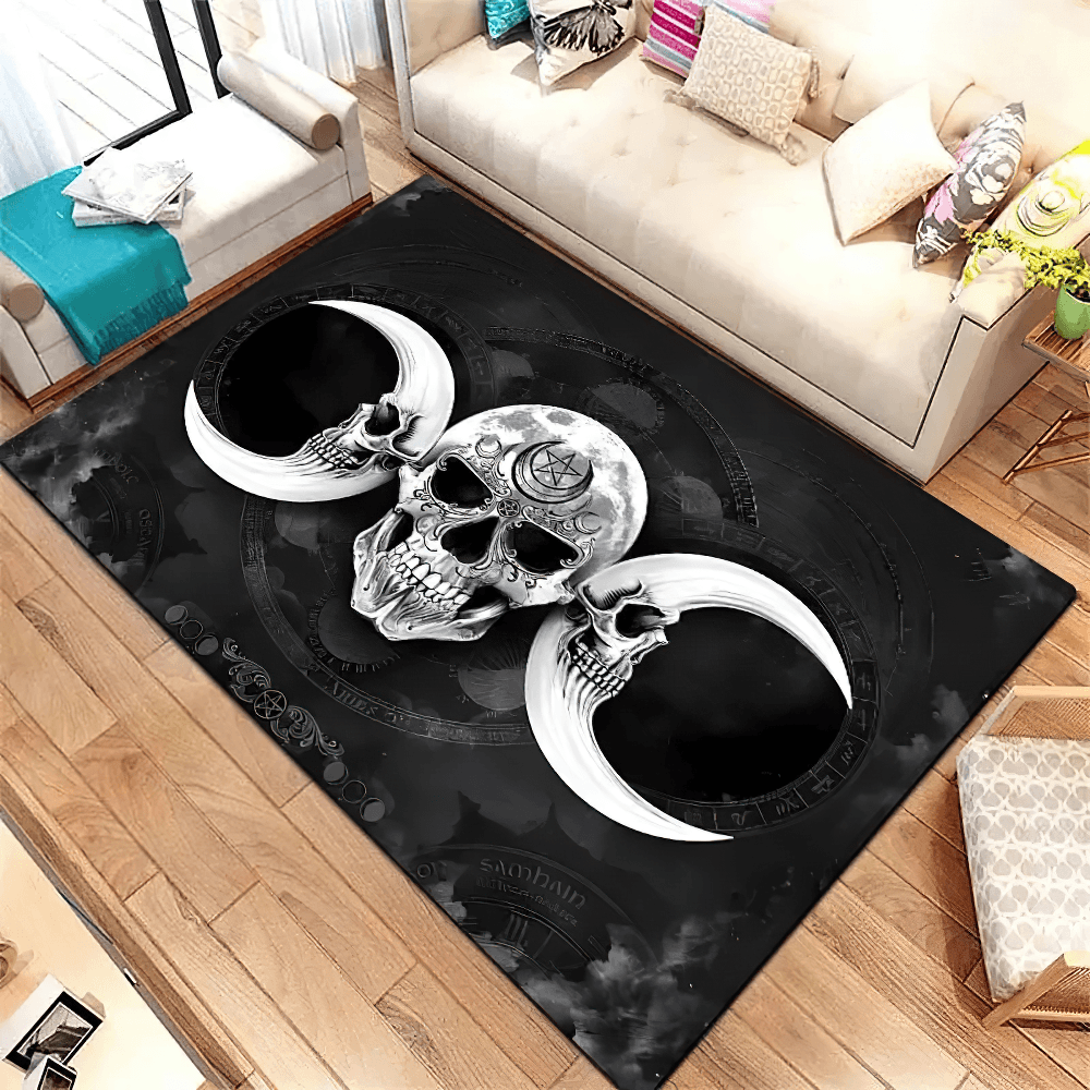 Black Dark Gothic Occult Area Rug for Room Decor featuring skull and lunar designs, perfect for moody bedroom decor.