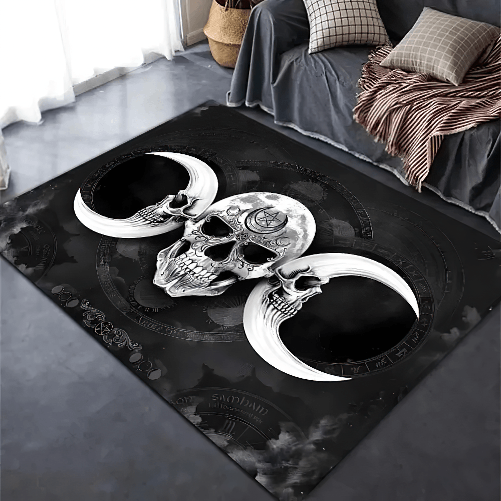 Black Dark Gothic Occult Area Rug for Room Decor showcasing skull and moon design on a dramatic black background.