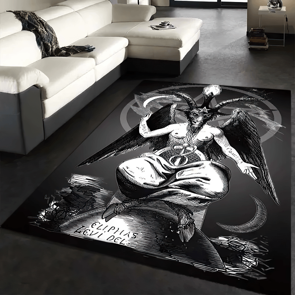 Black Dark Gothic Occult Area Rug for Room Decor featuring a dramatic occult design on a modern floor.