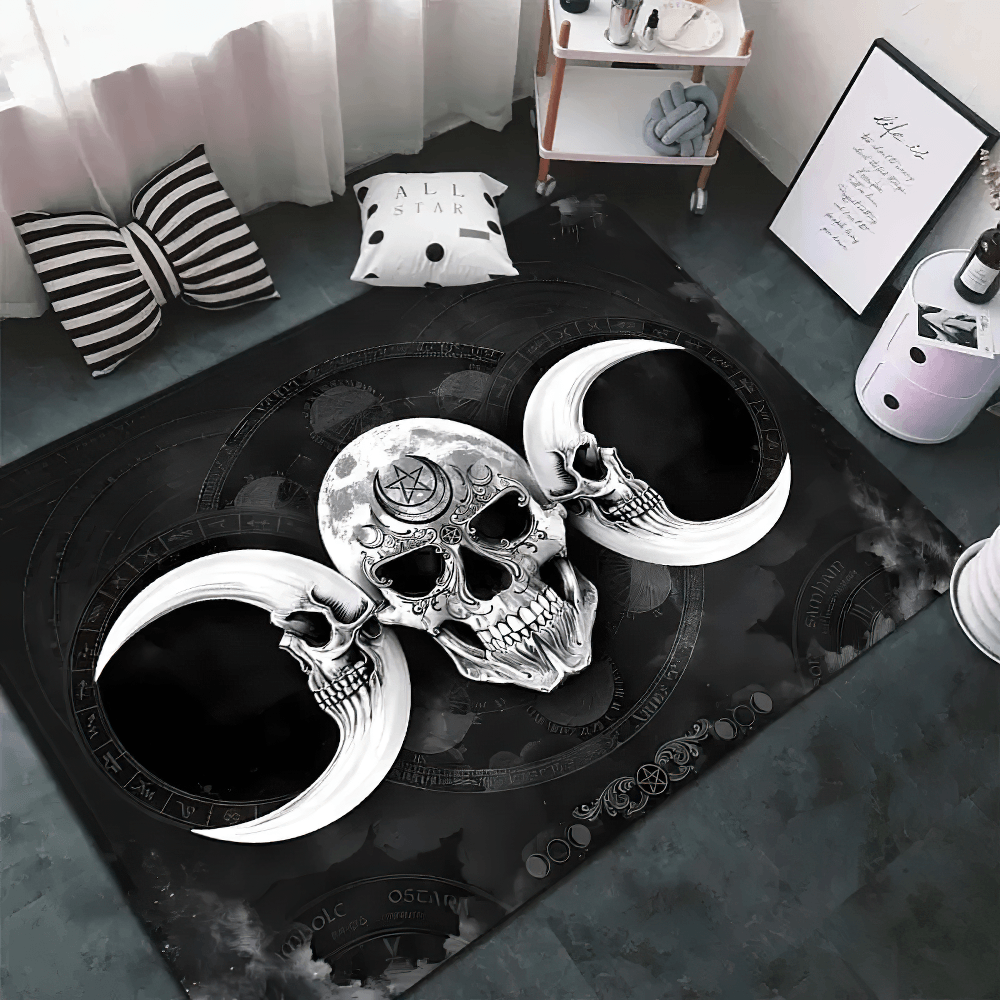 Black Dark Gothic Occult Area Rug for Room Decor featuring skull and moon designs in a stylish interior setting.