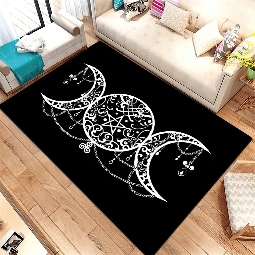 Black Dark Gothic Occult Area Rug for Room Decor featuring intricate lunar and skull designs on a dramatic black base.