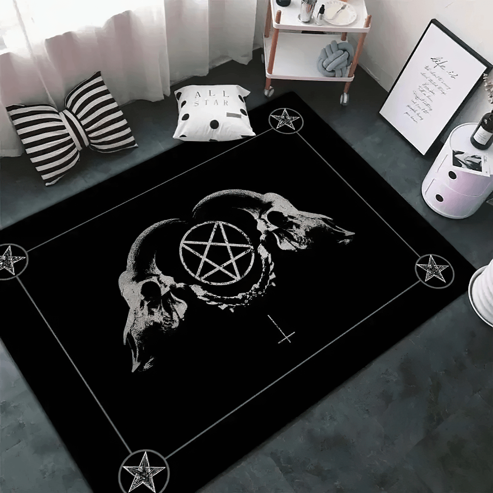 Black Dark Gothic Occult Area Rug for Room Decor featuring skull illustrations and pentagram design on a black background.