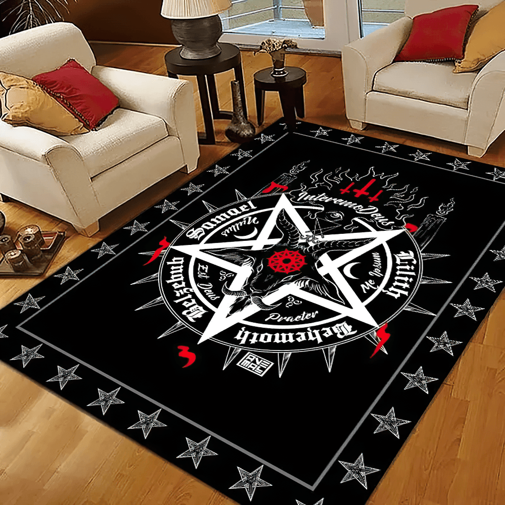 Black Dark Gothic Occult Area Rug for Room Decor, featuring skull and lunar designs, perfect for gothic bedroom decor.