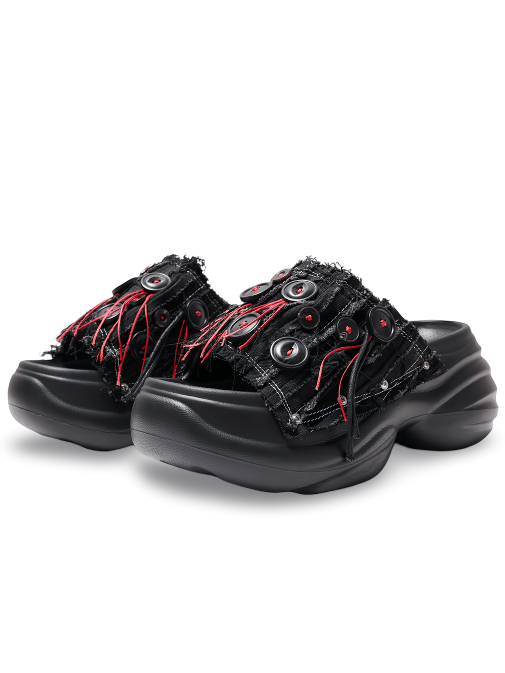 Black Denim Platform Slides with Red Shredded Fabric punk slide sandals with chunky black soles and red thread accents