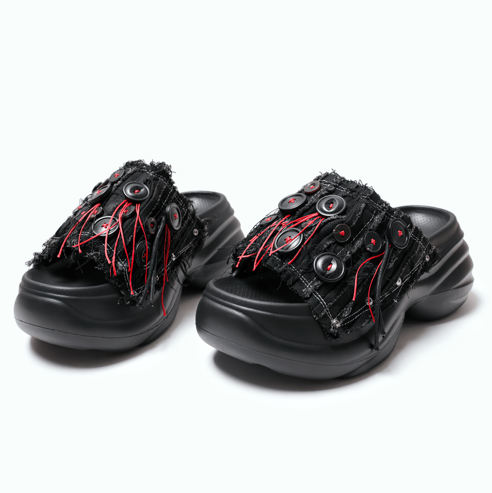Black Denim Platform Slides with Red Shredded Fabric punk slide sandals with chunky soles and edgy red thread details