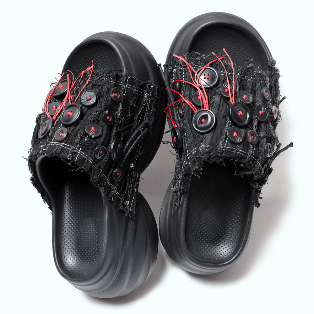 Black Denim Platform Slides with Red Shredded Fabric, punk chunky sole sandals with frayed black denim and red thread accents