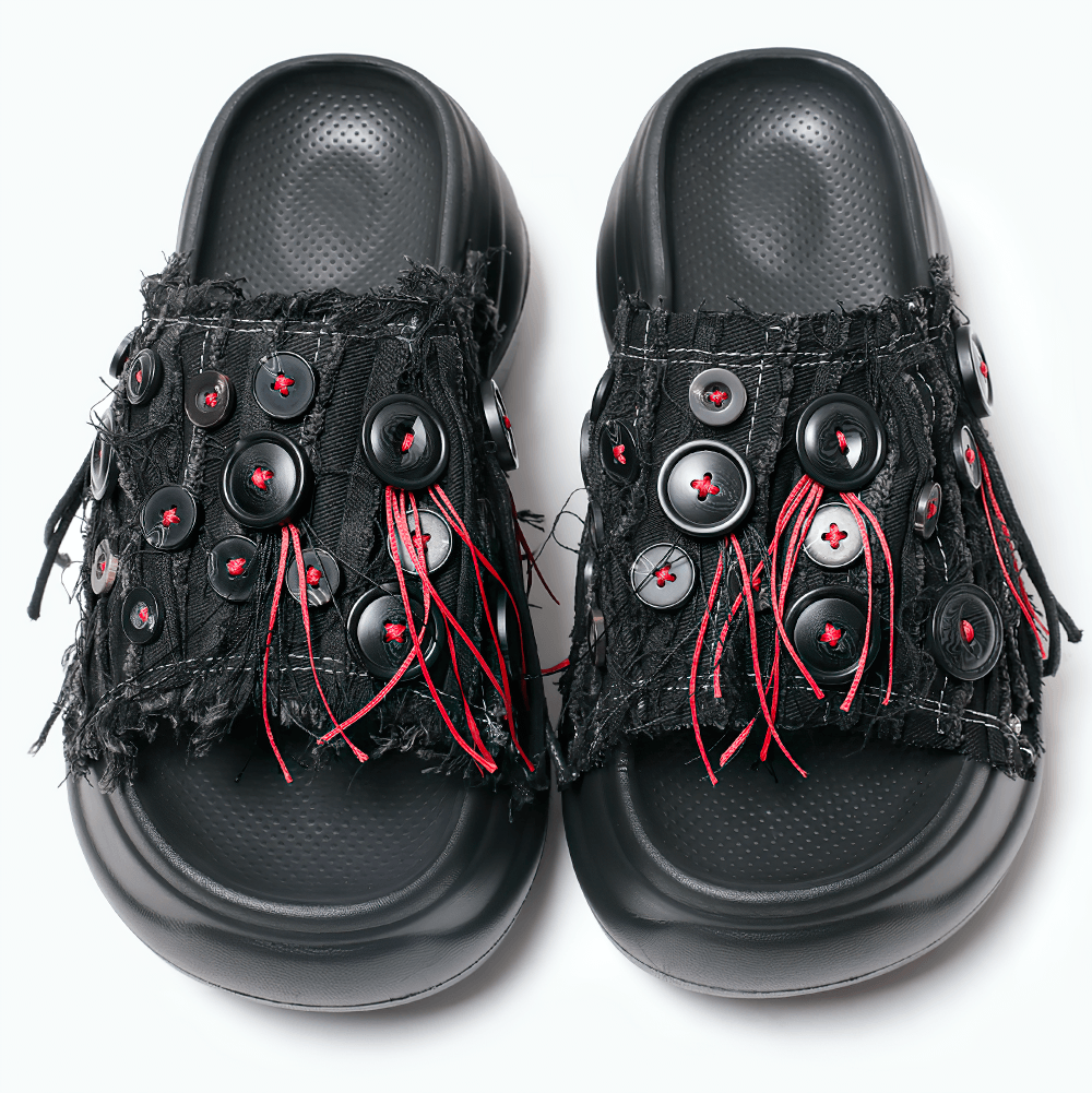 Black Denim Platform Slides with Red Shredded Fabric, black grunge denim slide sandals with chunky soles and red punk details