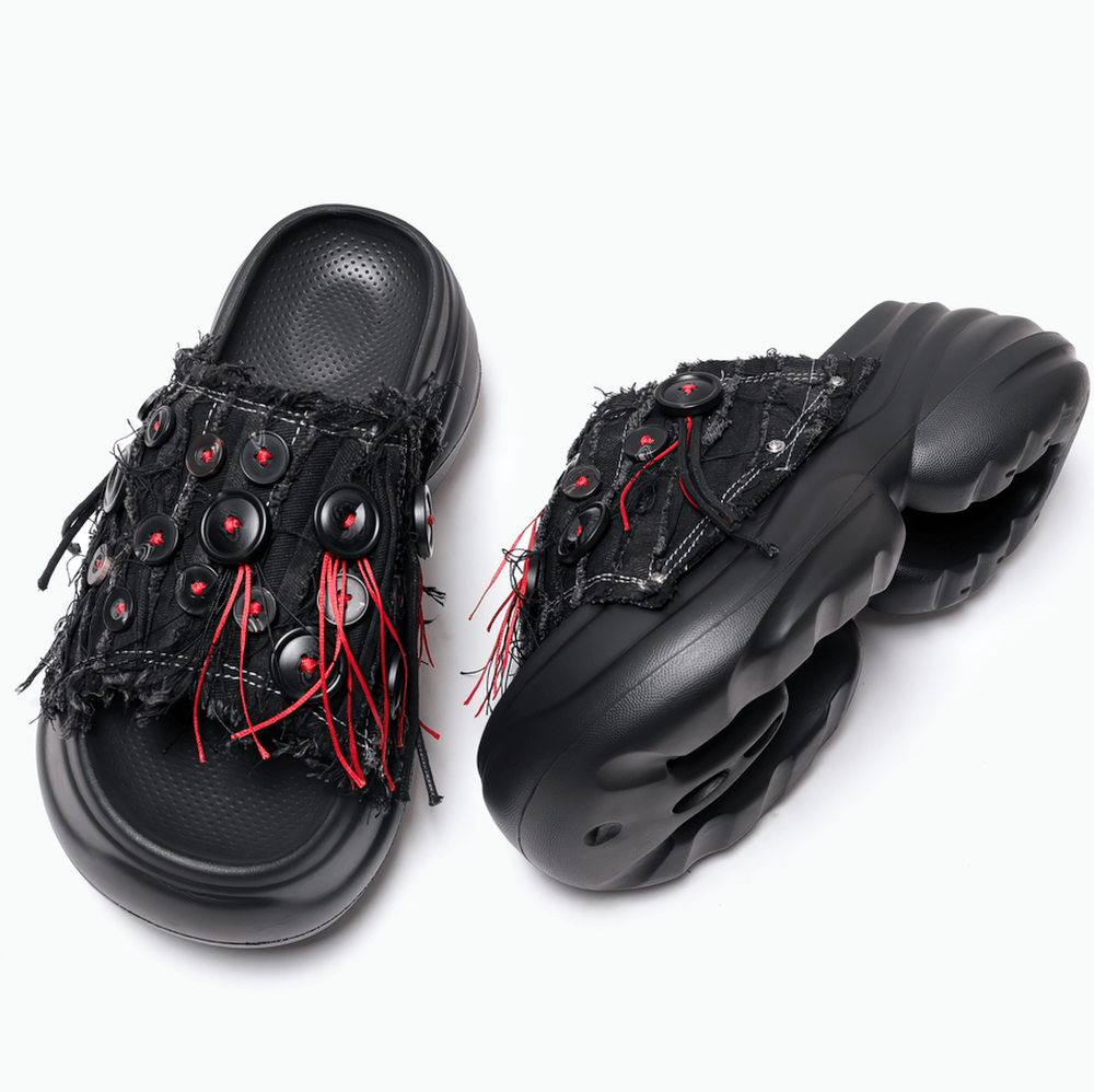 Black Denim Platform Slides with Red Shredded Fabric punk sandals with chunky black soles and red thread accents
