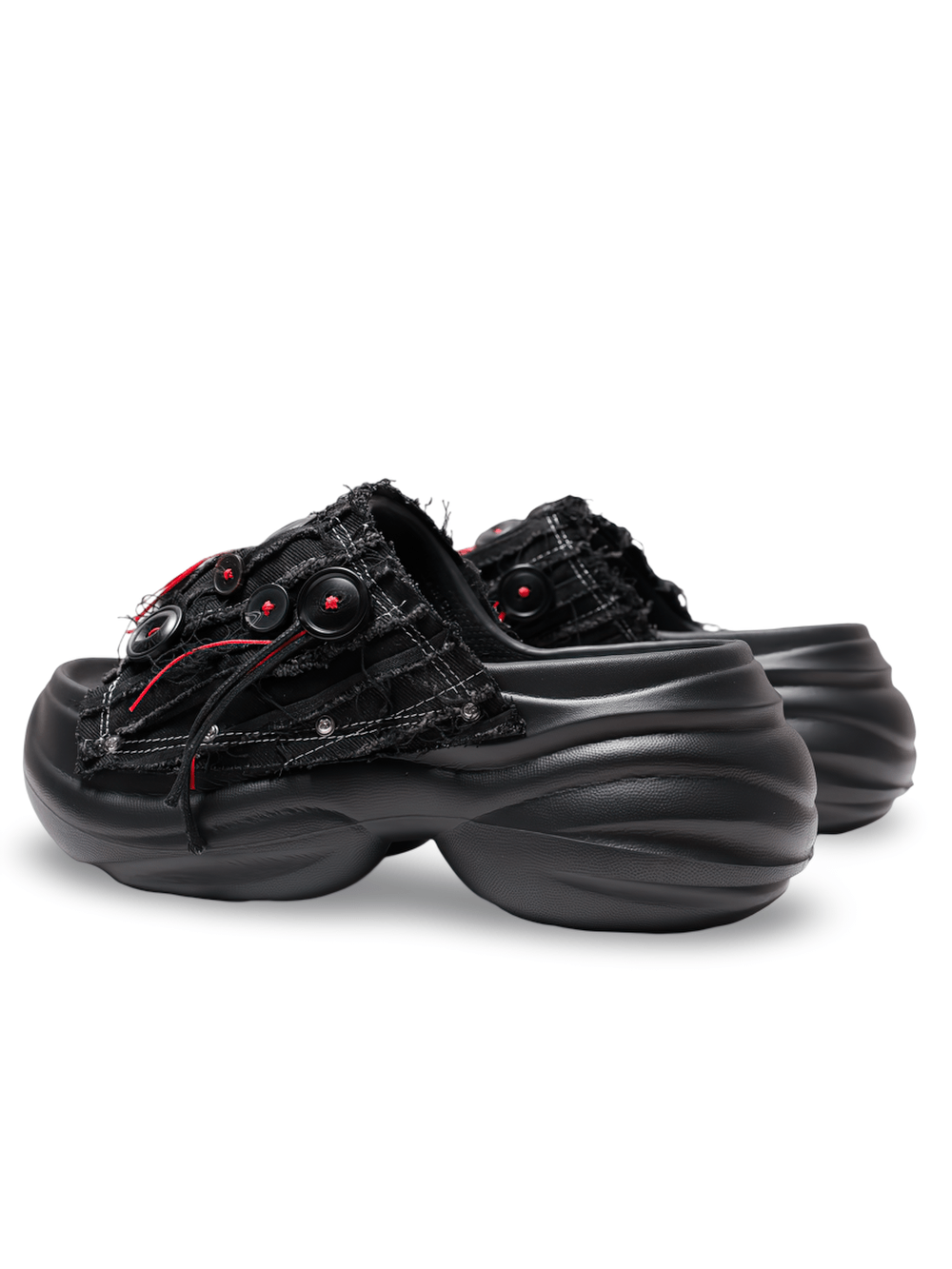 Black Denim Platform Slides with Red Shredded Fabric, punk chunky platform slides with red thread accents and frayed edges