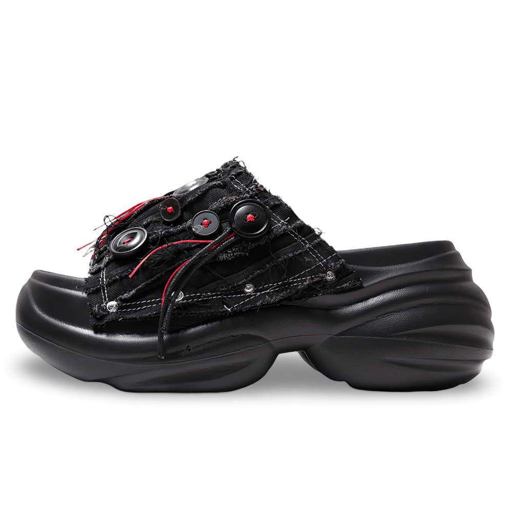 Black Denim Platform Slides with Red Shredded Fabric punk sandals with chunky soles and rebellious grunge style