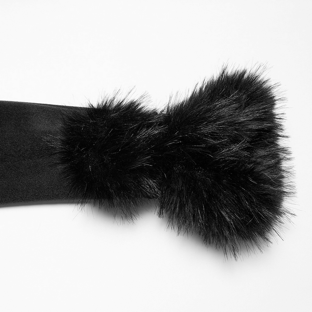 Close-up of a luxurious black faux fur collar detail on a coat, showcasing soft texture and elegant design elements.