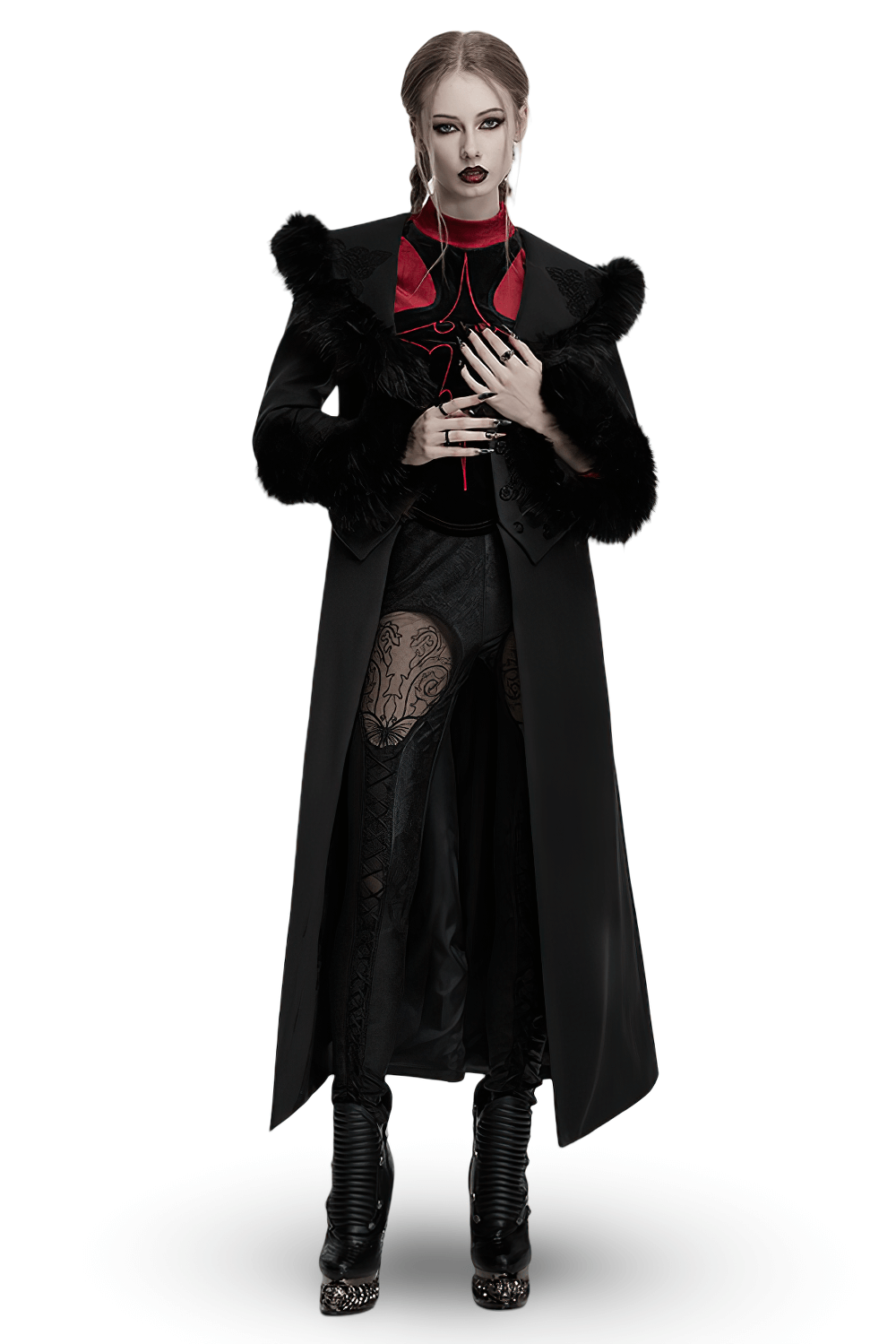 Gothic model in black detachable coat with fur collar, red accents, lace leggings, and stylish high heels.