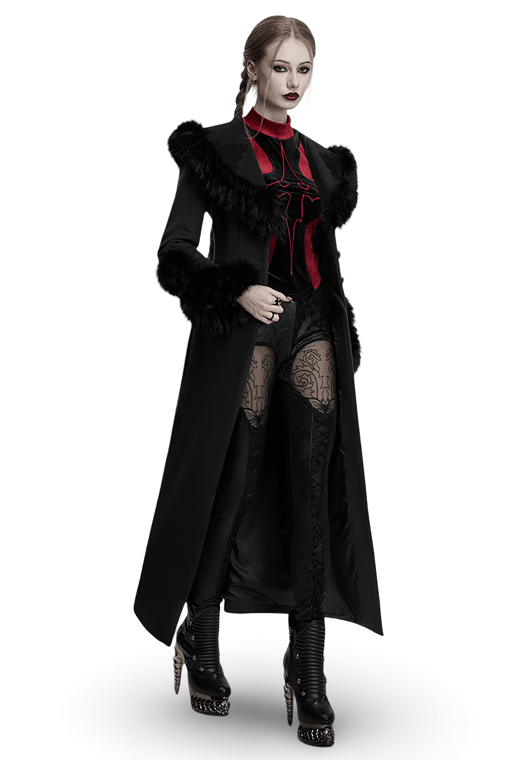 Gothic black detachable coat with fur collar and retro buckles, paired with stylish high-heeled boots and lace leggings.