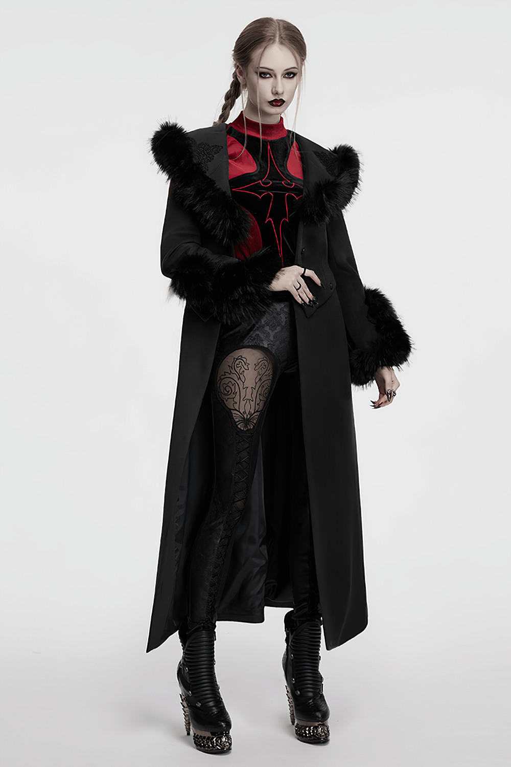Stylish model in a black detachable coat with fur collar, gothic vibes, showcasing lace and high-heeled boots.