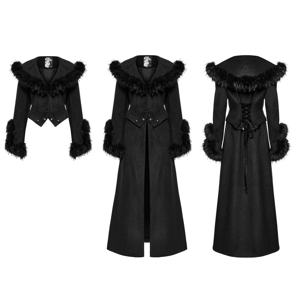Black detachable two-piece coat with fur collar and retro buckles, showcasing a gothic and vintage style.