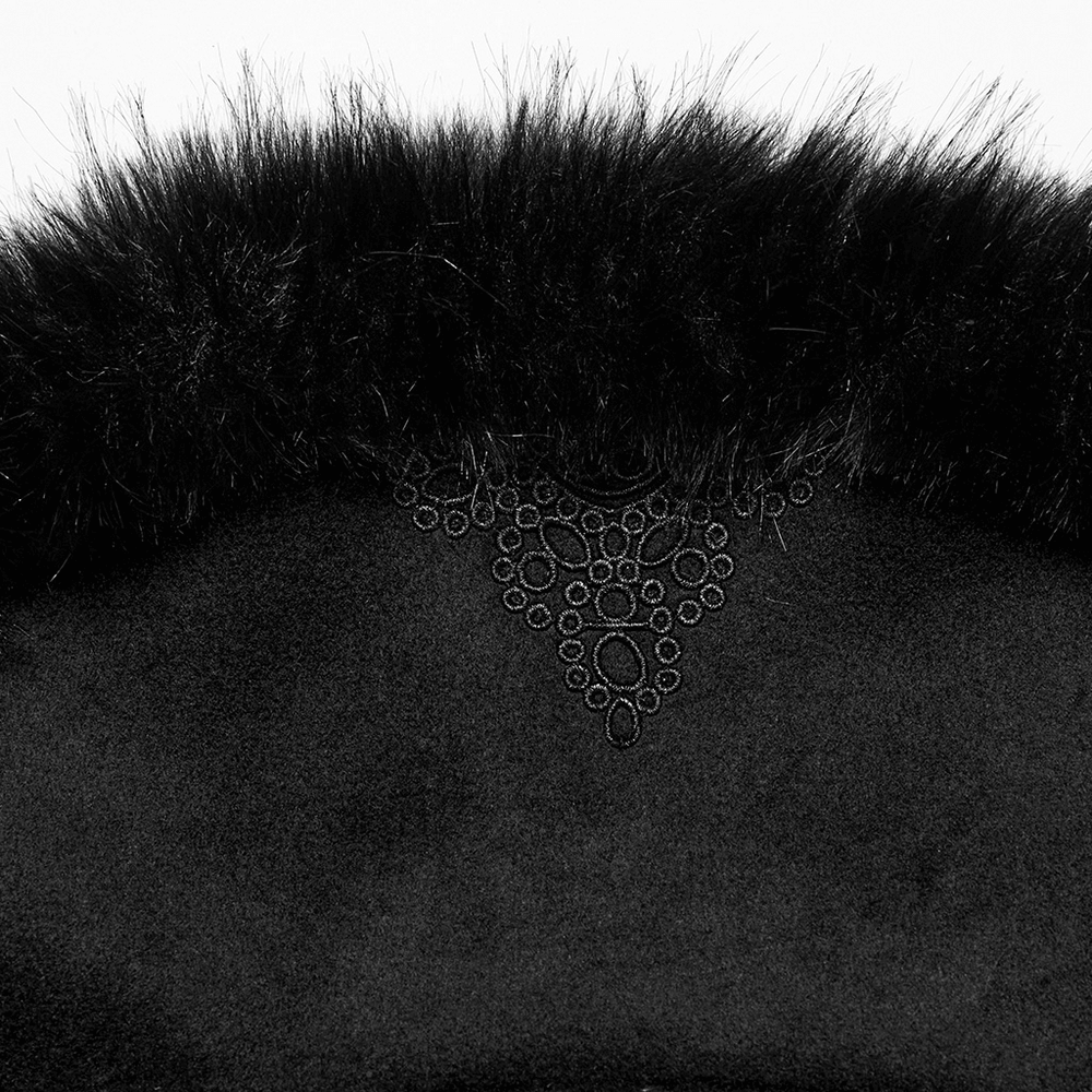 Close-up of luxurious black fur collar with intricate decals on a detachable coat, showcasing gothic charm.