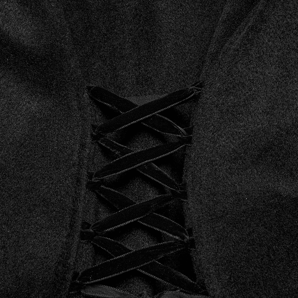 Close-up of the lace-up design on a black coat's adjustable waist, showcasing vintage charm and premium wool fabric.