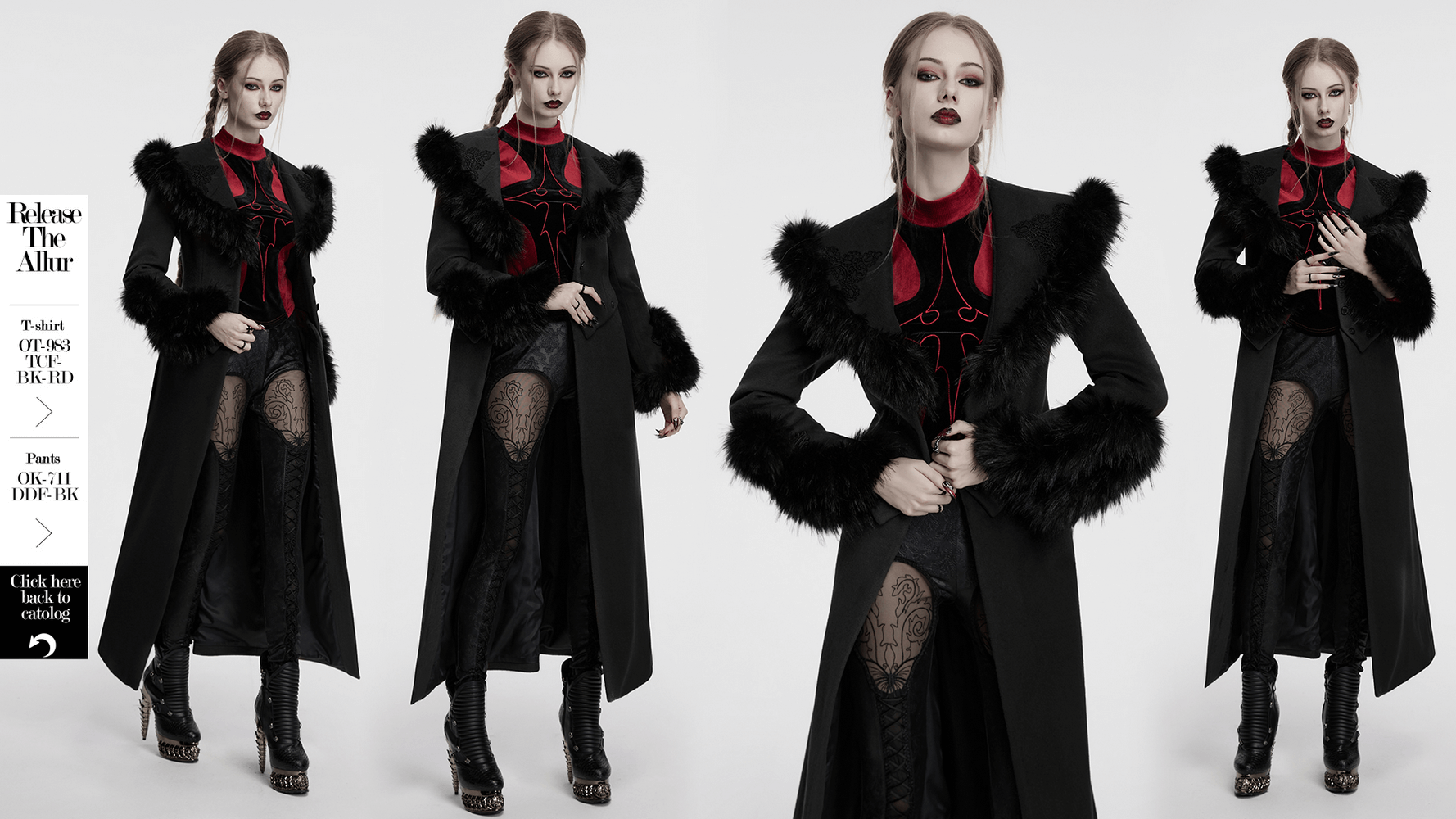 Gothic black detachable coat with fur collar, vintage buckles, and stylish lace-up waist details.
