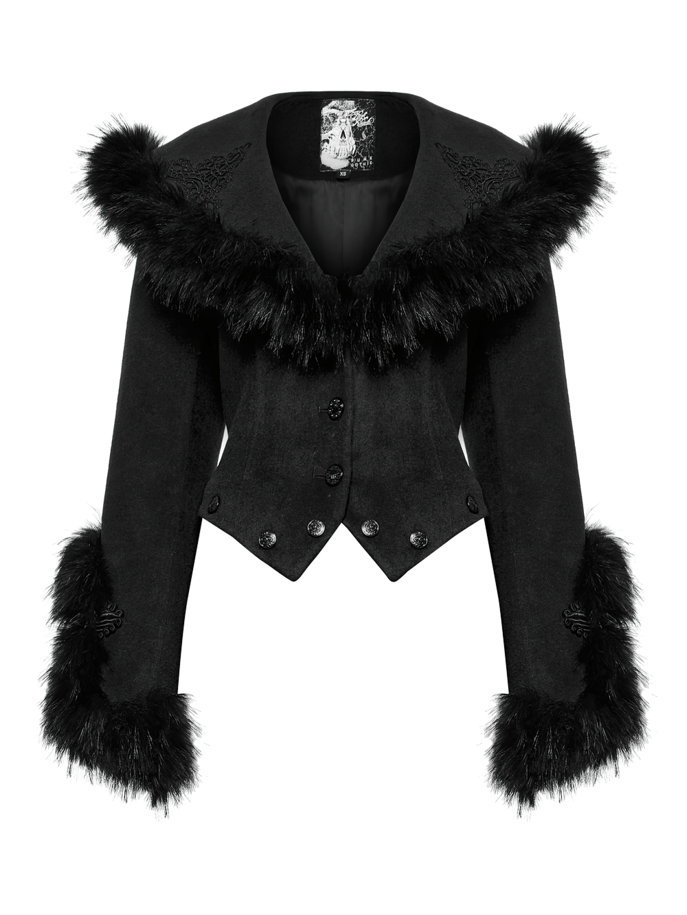 Black detachable two-piece coat with luxurious fur collar and vintage buckles, perfect for gothic fashion enthusiasts.