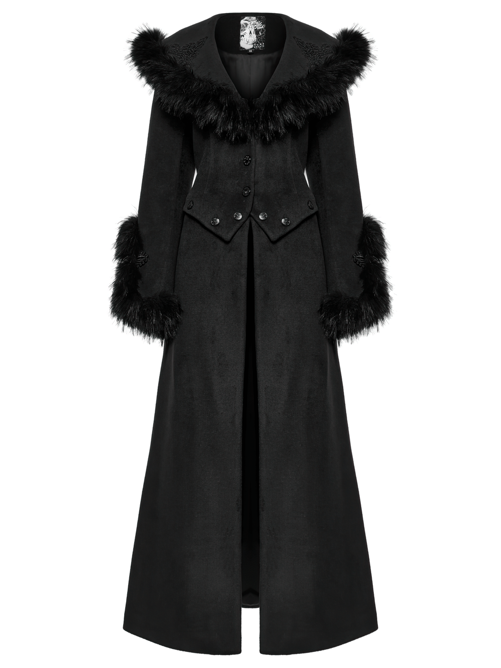 Stylish black detachable coat with fur collar, retro buckles, and elegant cuffs for a gothic look.