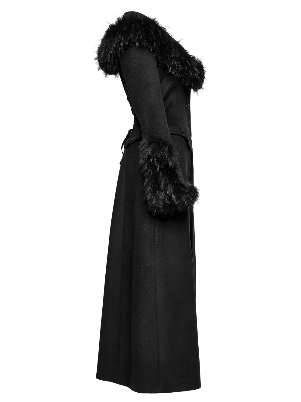 Side view of a black detachable two-piece coat featuring a fur collar and retro buckles, showcasing gothic elegance.