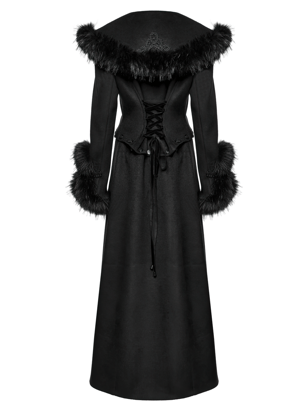 Elegant black detachable two-piece coat with fur collar, lace-up back, and retro buckles, showcasing gothic charm.