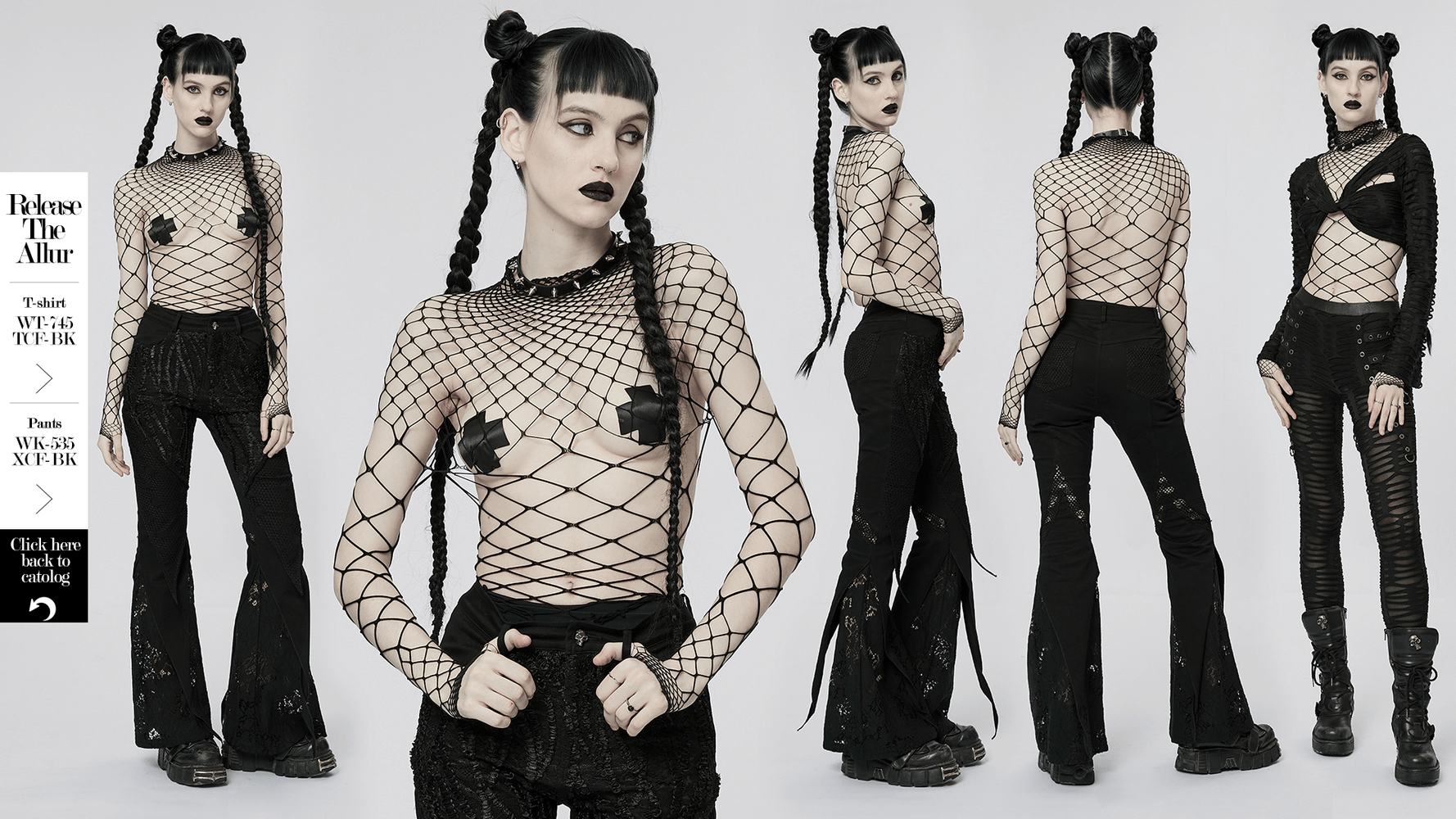 Edgy model showcases a black diamond mesh bodysuit paired with stylish black pants for a bold punk look.