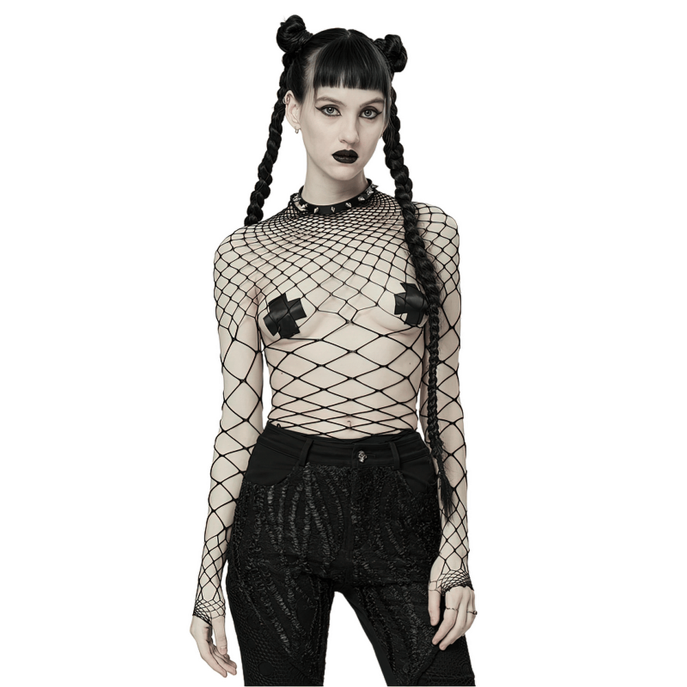 Edgy black diamond mesh bodysuit on model with bold hairstyle, showcasing versatile punk fashion style.