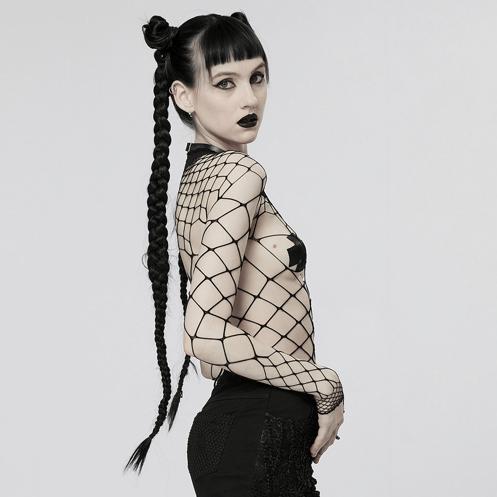 Model showcasing a stylish black diamond mesh bodysuit with edgy design, perfect for turning heads in any setting.