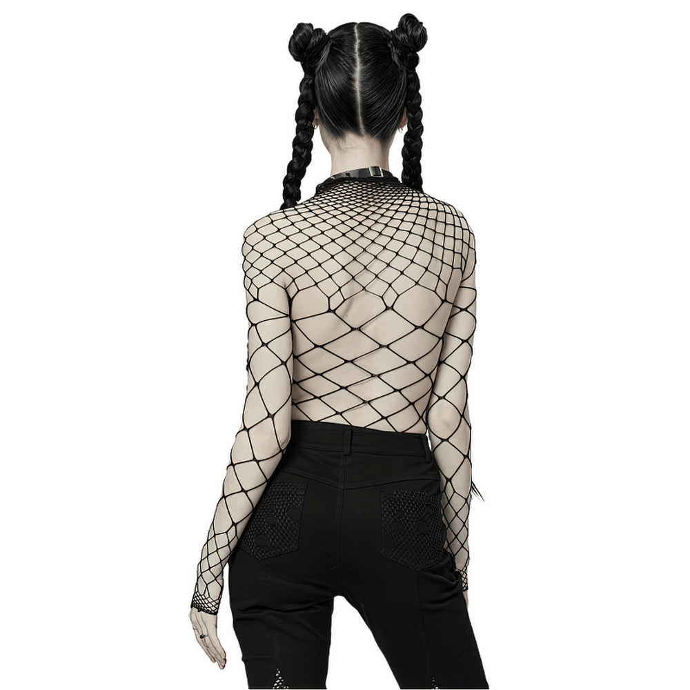 Black diamond mesh bodysuit, showcasing a bold punk style with a modern twist and edgy design.