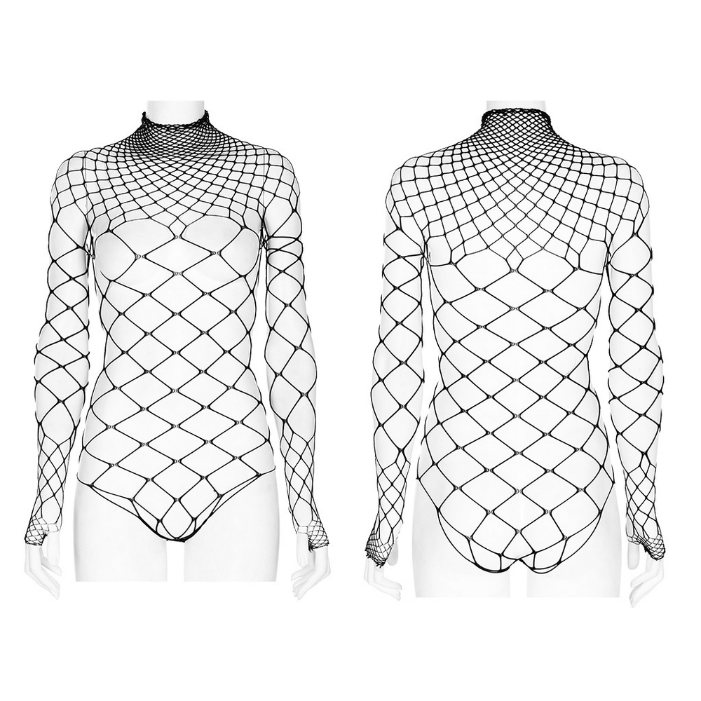 Black diamond mesh bodysuit showcasing intricate net design, perfect for edgy and stylish outfits.