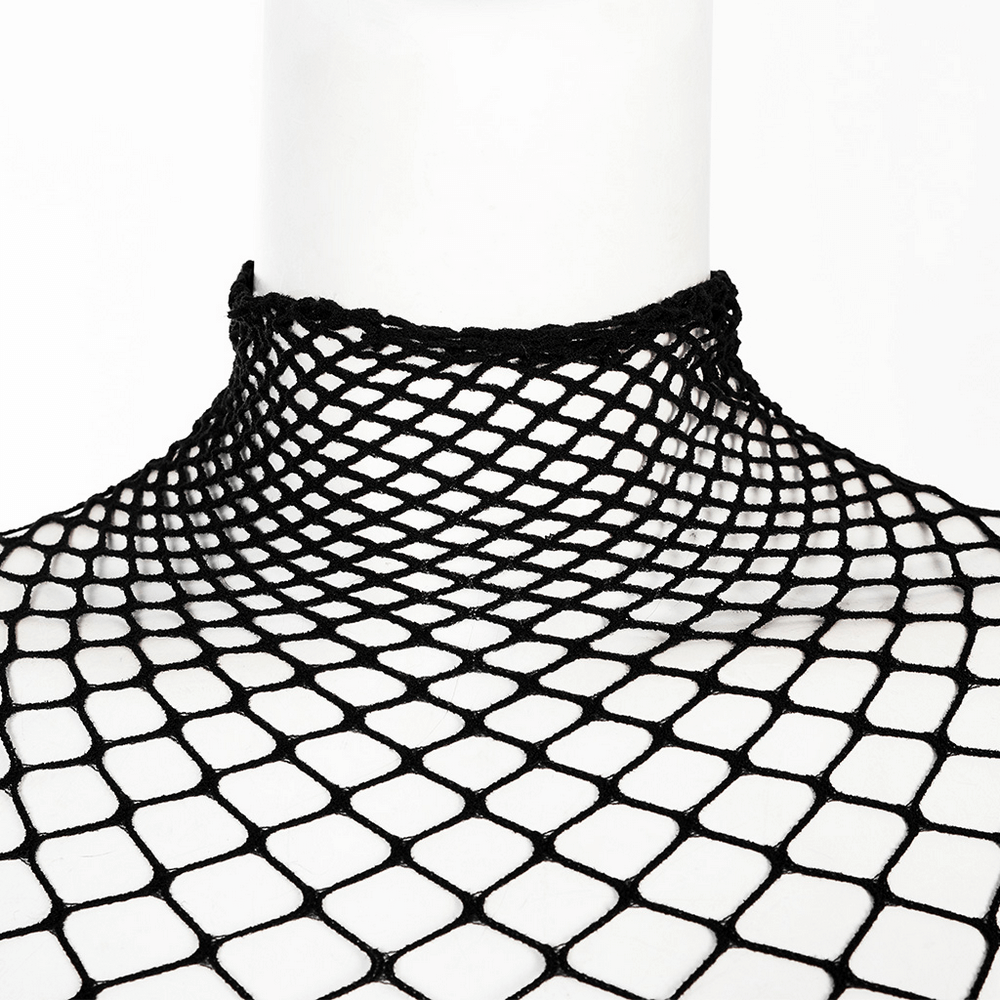Close-up of a black mesh bodysuit collar, showcasing edgy, punk-inspired fashion details in stretchy diamond mesh.