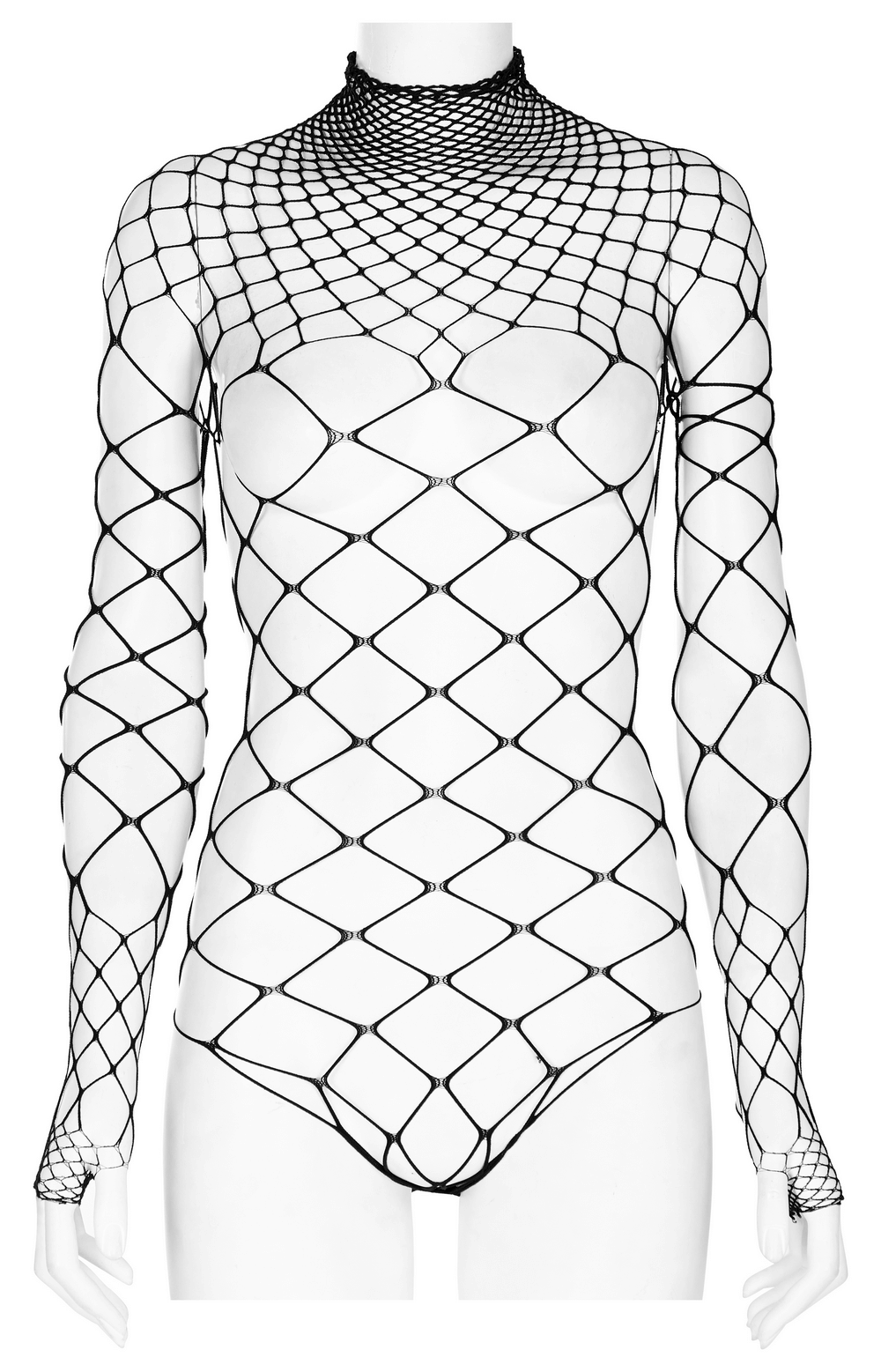 Black diamond mesh bodysuit, edgy punk-inspired one-piece, perfect for versatile styling and bold fashion statements.